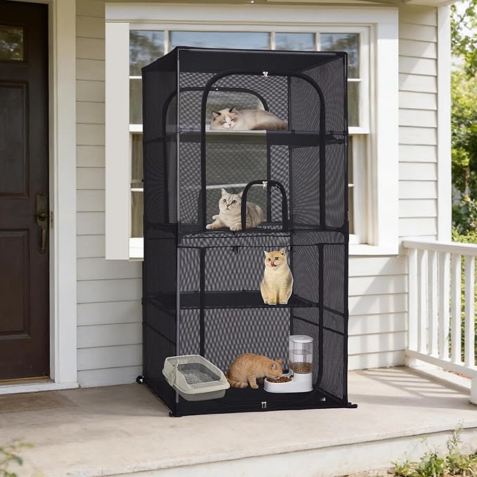 Catio Outdoor Cat Enclosure,4 Tiers Window Catio,Upgraded Mesh Cat Enclosure Sturdy and Durable with Multiple Doors Easy to Clean(31.4“L× 31.4”W ×63" H)