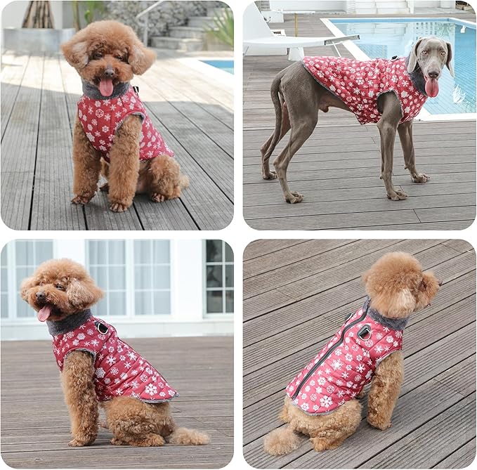 Warm Fleece Dog Coats with Durable Harness Buitl in D-Ring,Waterproof Puppy Jacket for Small Dogs,Dog Vest for Cold Winter,Red,Snow Pattern M