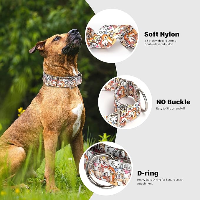1.5 Inch Wide Dog Collar - No Pull Martingale Collar for Large Dogs, Heavy Duty Adjustable Training Collar for Medium, Large & XL Dogs(Cute Dog XL)