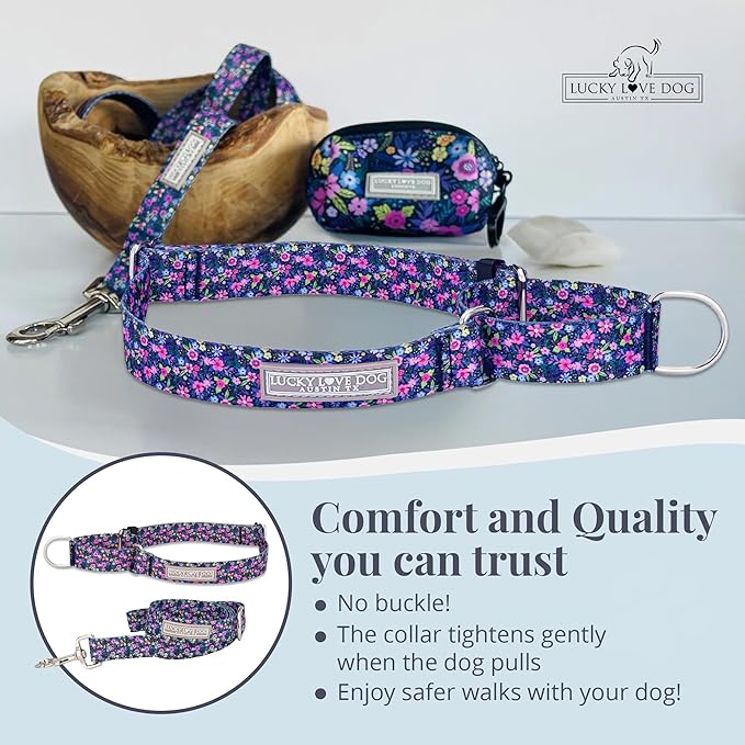 Lucky Love Dog Martingale Dog Collar & Leash - Adjustable, No-Slip, Durable, Comfortable, Soft Webbing, & Stylish Patterned Collar & Leash Set for Male and Female Dogs - Primrose Combo, Small