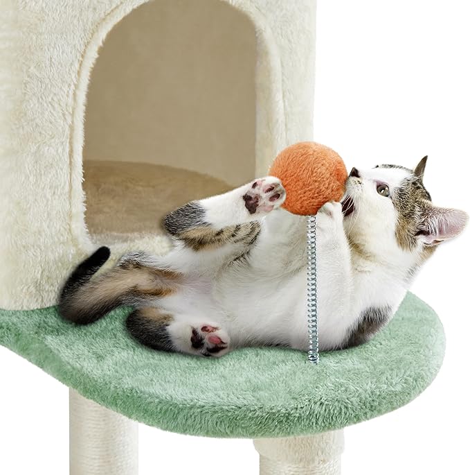 Yaheetech 65in Cat Tree, Cat Tower with Heart-Shaped Platform, Hanging Ball, Double Condos, Scratching Posts for Indoor Cats, Cat Climbing Frame Bed Furniture, Beige & Green & Orange