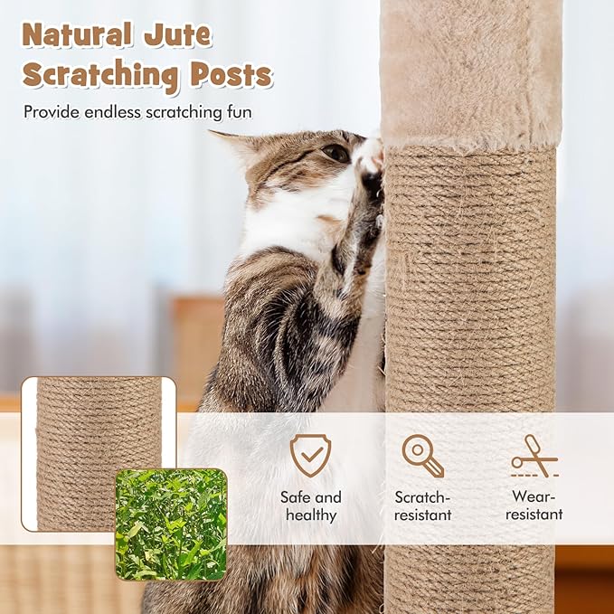 PETSITE 65-inch Cattail Cat Tree Tower, Multi-Level Cat Tower with Natural Jute Scratching Posts, Cat Bed, Top Perch, Dangling Balls and Jumping Platforms, Modern Tall Cat Tree for Indoor Cats
