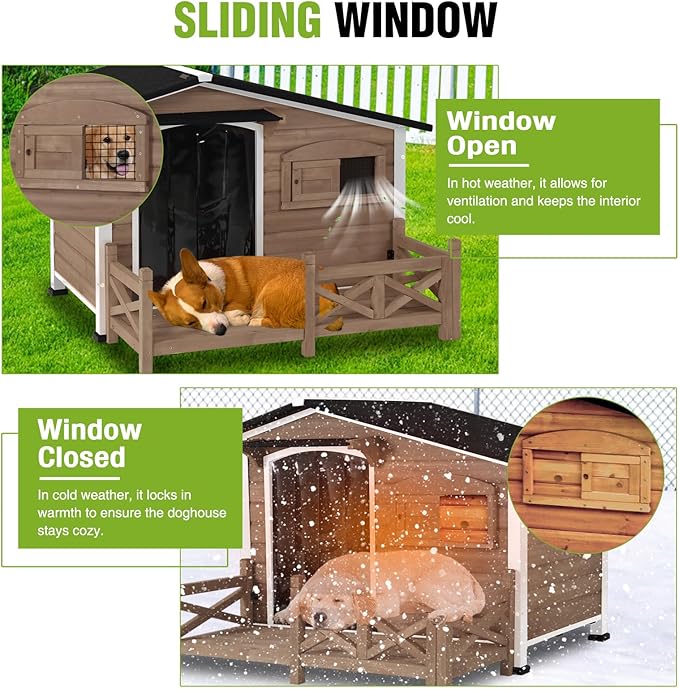 GUTINNEEN Dog House Outdoor with Anti-Chewing Iron Frame, Weatherproof Dog Shelter with Large Porch and Sliding Window, Dog Crate for Small, Medium and Large Dogs Outside (Light Brown)