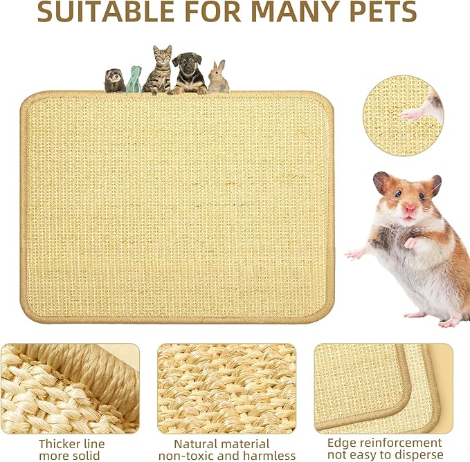 2 Pack Natural Sisal Cat and Rabbit Scratching Mat, 16" x 12" Horizontal Scratching Pad with Sticky Velcro Tape,Protects Furniture Sofa Carpet(Beige)
