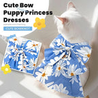 Cute Dog Dress Small Dog Clothes for Girls Female Puppy Outfits Blue Daisy Pet Summer Clothes Bowknot Doggy Cat Princess Dress Harness Set for Holiday Birthday Party Costume Clothing(Blue,XS)