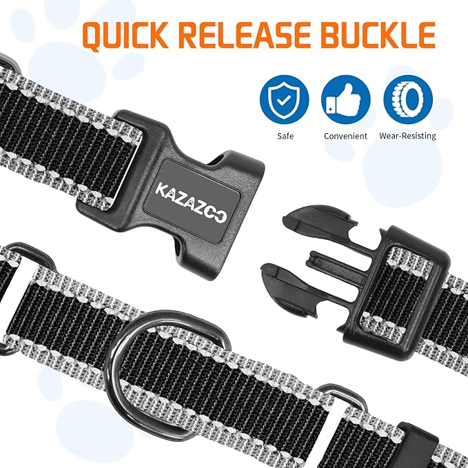 Kazazoo Reflective Martingale Collar for Dogs with Quick Release Buckle Adjustable Soft Durable Dog Collar for Small Medium Large No Pull Training Dog Collars-Black M