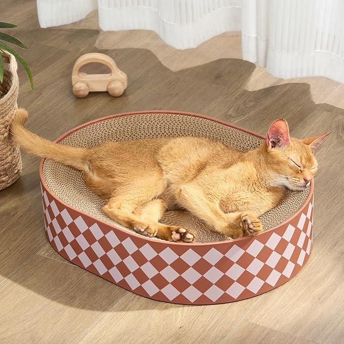 Oval Cat Scratcher Bed, 2-in-1 Cat Scratching Board, Natural Corrugated Cardboard Scratch Pad Lounge, Sealed Base Traps Debris,No Assembly Kitty Furniture,Stylish Colors Blends Any Home Decor