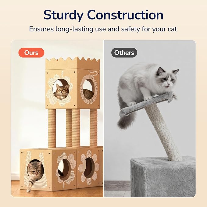 DIY Cardboard Cat House with Scratching Posts, Scratching Board, Multi-Level Cat Tower Playhouse & Tunnel for Kittens & Adult Cats, Recyclable 61.02″ × 36.61″ × 40.2″, Kraft Brown