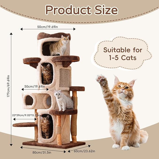 RPZ Cat Tree Tower for Large Cats, 69” Tall Heavy Duty Modern Cat Tower with Natural Wood Trunks, Multi-Level Cat Condo & Scratching Tower, Brown Cat Tree for Indoor Cats to Play and Sleep