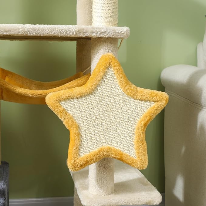 PawHut Cat Tower, 63 Inch Tree for Large Adult Indoor Cats with Scratching Post, Hammock, Condo, Bed, Scratching Board & Toys, Moon and Star Themed Cat Tree Tower, Beige