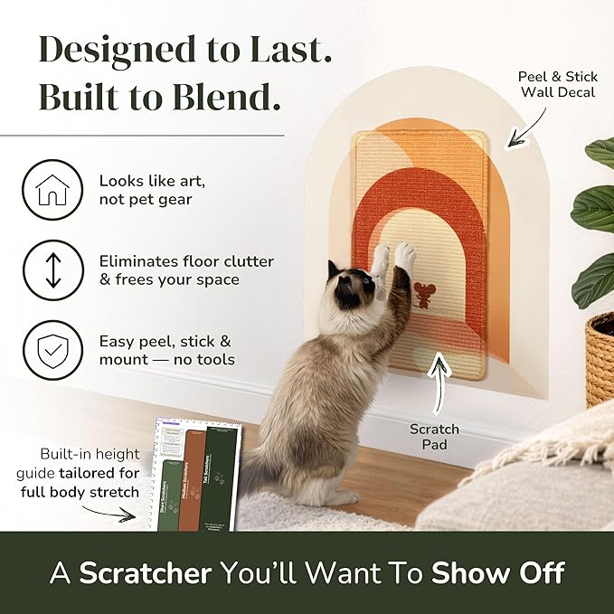 Vertical Cat Scratcher - Removable Wall Mounted Cat Scratcher and Art Decal – Wall Scratch Pad for Cats with Sisal Cat Scratcher – Large Protective Wall Scratchers for Indoor Cats