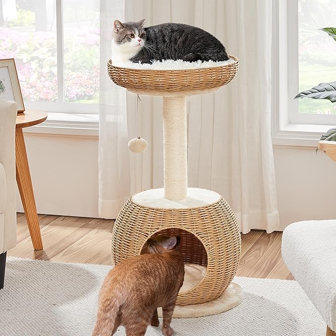 Yaheetech Cat Tree, 29.5in Rattan Cat Tower for Indoor Cats w/Scratching Post, Woven Cat Condo and Soft Cushion Top Perch, Aesthetic Cat Tree for Kittens