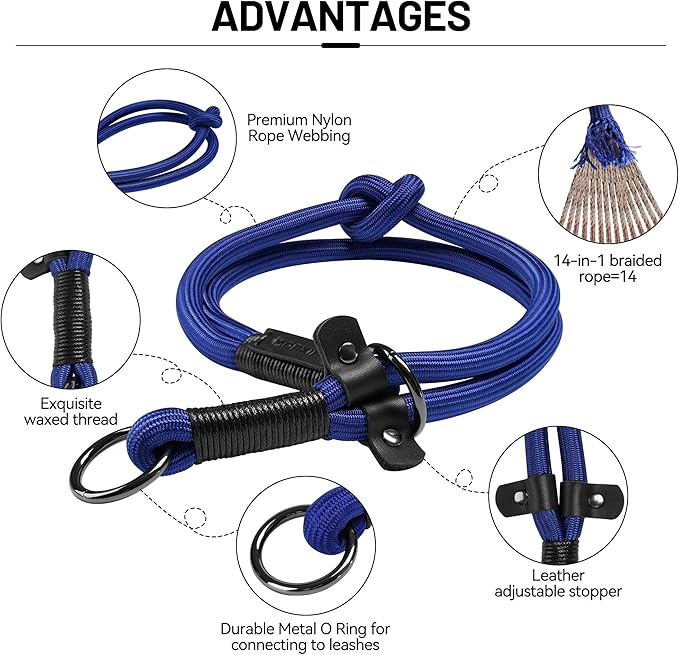 Slip Dog Collar, Nylon Rope Dog Choker Collars with Adjustable Stopper, Heavy Duty Collar for Medium Dog Training (Blue)
