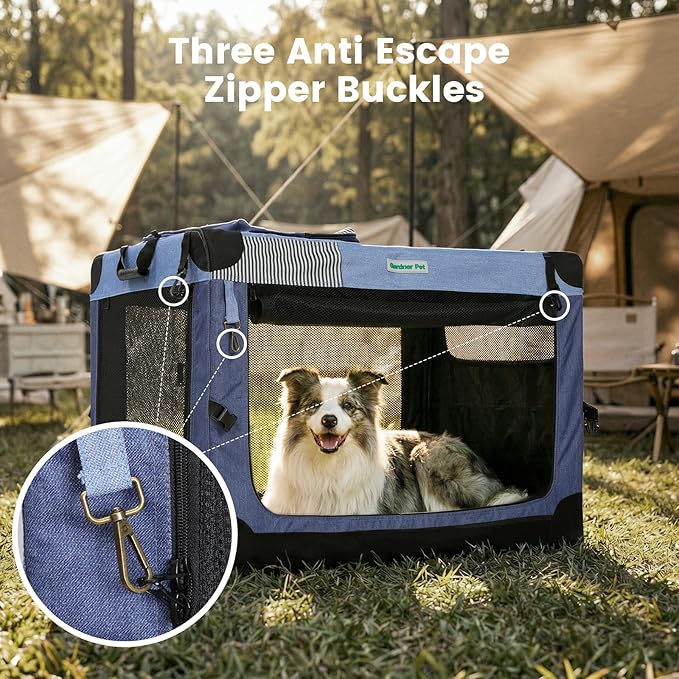 Gardner Pet Soft Collapsible Dog Crate - 36 Inch Portable Travel Dog Crate for Medium/Large Dogs Indoor & Outdoor, 3-Door Pet Crate with Durable Mesh Windows & Storage Bag, Blue
