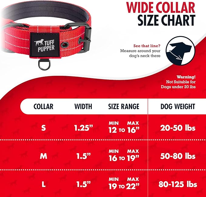 Tuff Pupper Heavy Duty Tactical Dog Collar | 1.5" Wide Ballistic Nylon | Reflective Stitching | Integrated ID Tag Holder | Stainless Steel Buckle | Padded Lining | Medium & Large Dogs (Red, Medium)