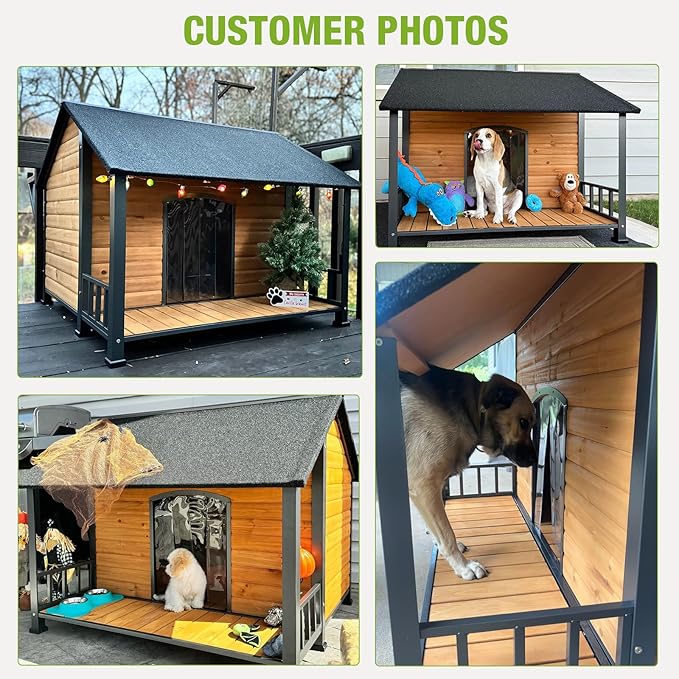 GUTINNEEN Heated Dog House Outdoor with Proch Weatherproof Dog Kennel with Heating Pad and Anti-Chewing Iron Frame Dog Shelter for Small Medium Dogs (Brown)