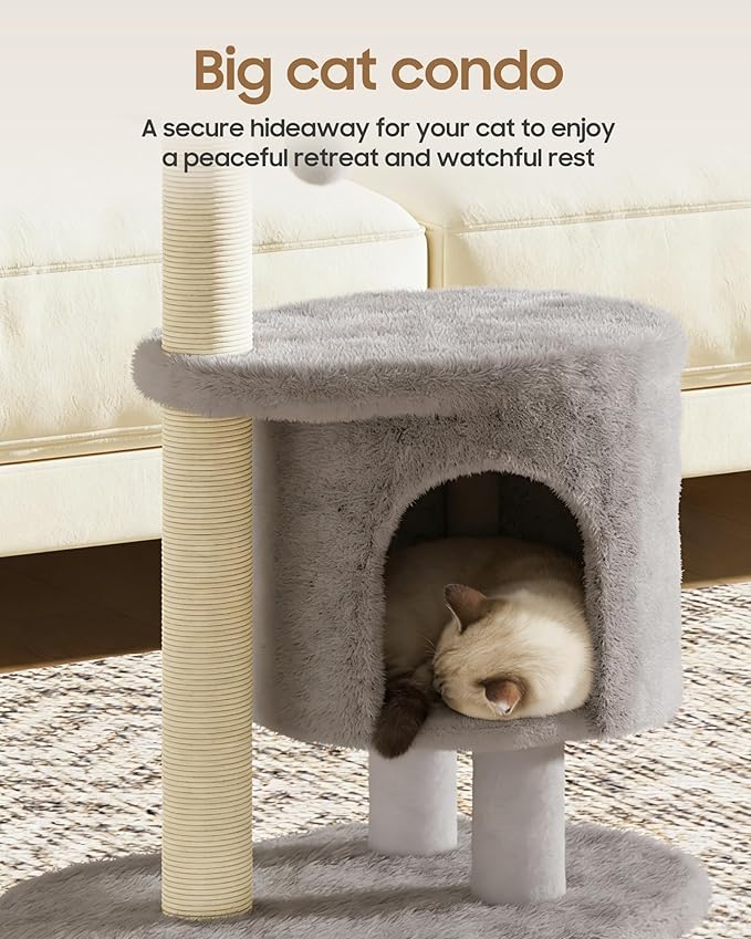 Cat Tree, 34.3 Inches Cat Tower with Scratching Post, Condo, Interactive Hanging Ball, Plush Perch for Indoor Large Cats, Gray