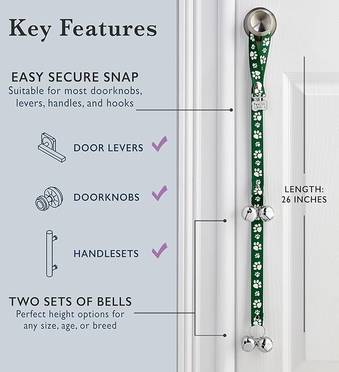 PoochieBells Dog Doorbell, Dog Potty Training Bells, Dog Safe USA-Made w/Perfect Sound,Dog Trainer Approved, Housetraining Made Easy & Quick, Sig Tracks Green