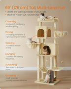 Feandrea Cat Tree, 69-Inch Tall Cat Tower, Multi-Level Plush Condo with 2 Caves, 2 Baskets, 5 Scratching Posts, Self-Groomer, Perch, Hammock, Sand Beige UPCT182Y01