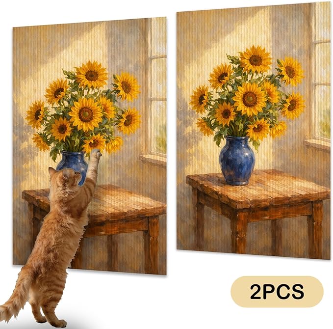 Nuxovilar Cat Wall Scratcher 15.3x23.6 Inches Polyester Synthetic Fiber, Sunflower in Blue Vase Print, wall scratchers for Indoor Cats, cat Scratching mat, Home Decor, Kitchen, Dining Area (2pcs)