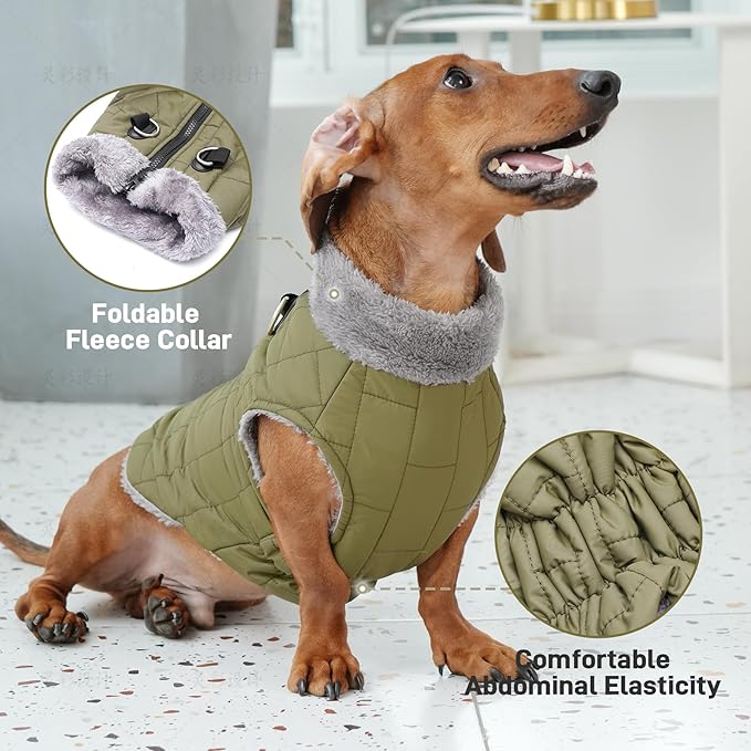 Warm Fleece Dog Coats with Durable Harness Buitl in D-Ring,Waterproof Doggie Jacket for Large Dogs,Dog Vest for Cold Winter,Green XXL