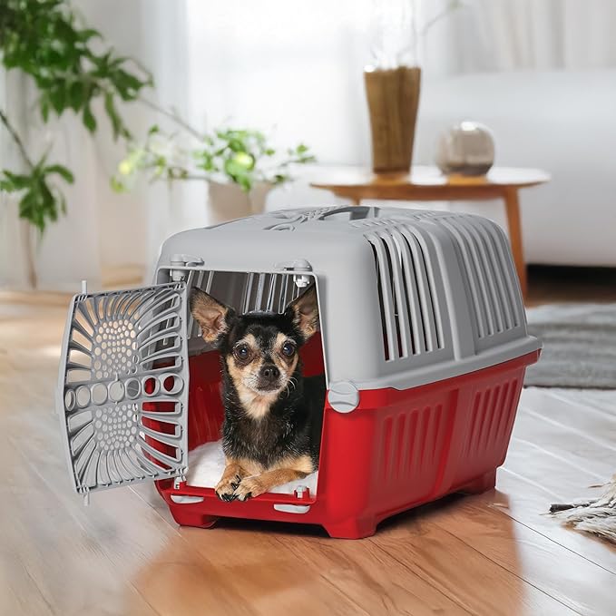 MidWest Homes for Pets Spree Travel Carrier - Hard-Sided Dog & Cat Carrier, Small Pet Travel Crate with Handle, Ventilated Design, Durable Plastic Door, Easy Assembly, 19-Inch, Red