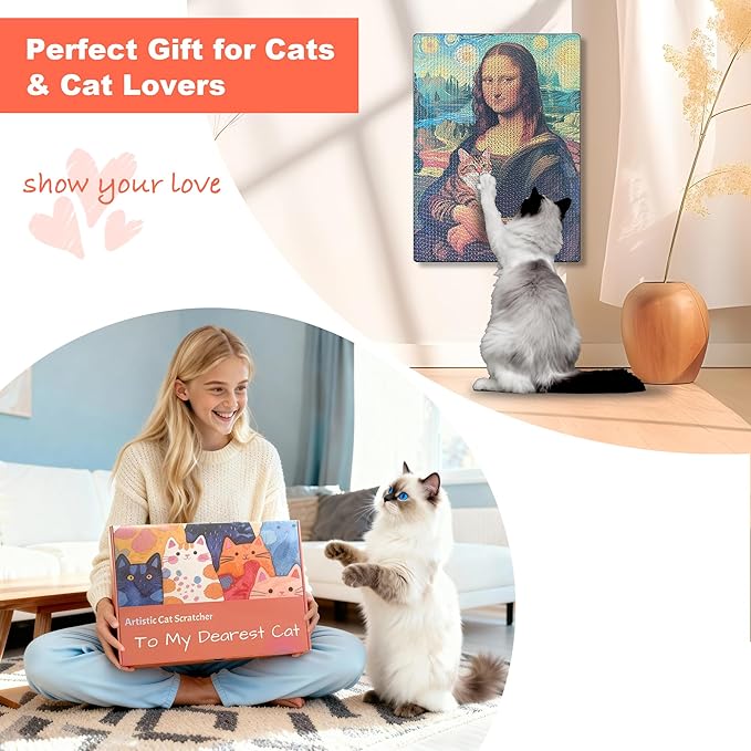 Art Cat Scratching Pad,Wall Scratcher for Indoor Cats - 16.54x11.81x1.18 Inches, Double-Sided Use, Cat Cardboard Scratcher Fits All Breeds & Sizes, Easy to Install,Cat Gifts