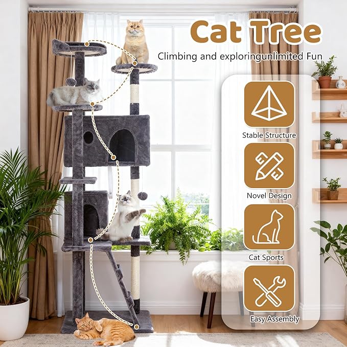 BestOffice 70 Inch Cat Tree, Multi-Level Cat Tower with Condo, Perches, Sisal Scratching Posts, Climbing Ladder,Indoor Activity Center Play House for Kittens & Adult Cats, Light Gray