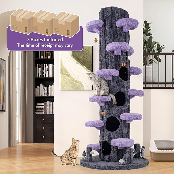 PETSITE 90.5-inch Tall Cat Tree, Tree-Like Modern Cat Tower with Sisal Scratching Pad, Five Cat Condos, Cute Hanging and Spring Toys, Large Cat Tree Tower for Indoor Cats (Purple)