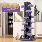 PETSITE 90.5-inch Tall Cat Tree, Tree-Like Modern Cat Tower with Sisal Scratching Pad, Five Cat Condos, Cute Hanging and Spring Toys, Large Cat Tree Tower for Indoor Cats (Purple)