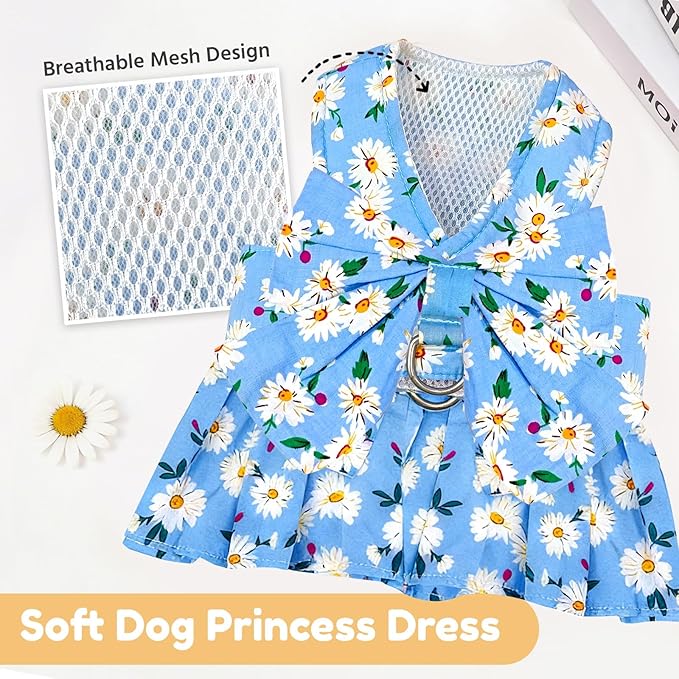 BAEJMJK Dog Dress Bowknot Harness Leash Set for Small Dogs Cats Daisy Floral Girl Dog Dresses Cute Puppy Princess Clothes Pet Doggy Outfits Spring Summer Breathable Dresses(Blue,Small)