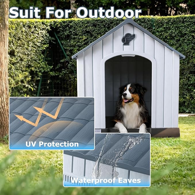 LEMBERI Durable Waterproof Plastic Dog House for Small to Large Sized Dogs, Indoor Outdoor Doghouse with Air Vents and Elevated Floor, Easy to Assemble (Gray, 40" L x 37.2" W x 40" H)