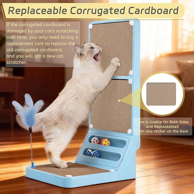 Cat Scratcher Cat Scratch Pad L Shape Wall Mounted Dual Use (Vert/Horiz) Kitten Bunifa Scratching Card Board Vertical Post with Ball Toys Feathers,Protecting Furniture Core is Replaceable Large Blue