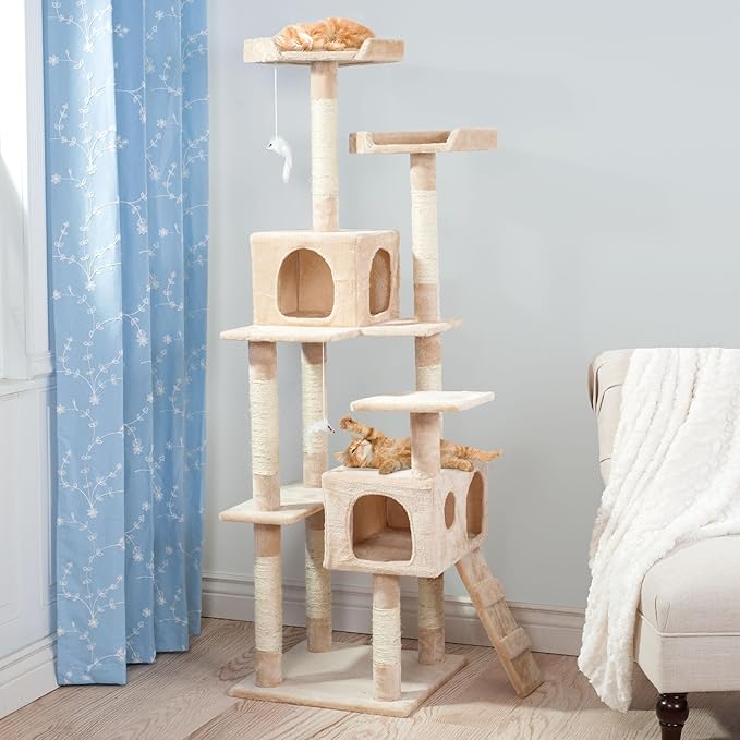 Cat Tree - 5.5-Foot Cat Tower for Indoor Cats with Perches, 2 Condos, 9 Cat Scratching Posts, 2 Hanging Toys, and 2-Step Ladder by PETMAKER (Beige)