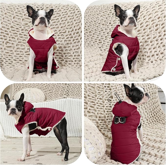 Fleece Lining Dog Hoodie with Harness Built in,Extra Warm Medium Dog Jacket in Winter Doggie Coats with Drawstring Hooded,Red L