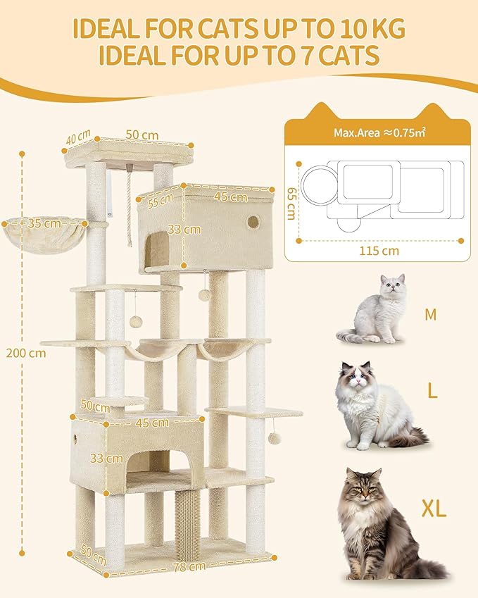 Cat Tree, 78.7" XXL Cat Tree with 10 Scratching Posts, 2 Caves, 2 Hammocks, Large Platform, Cat Brushes, Basket, Heavy Duty Cat Tree for Maine Coons, Large Cats, Beige MS20018YL
