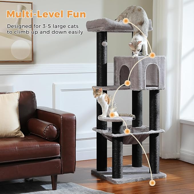 PETEPELA 58" Large Cat Tree for Big Adult Cats up to 30 lbs, Heavy Duty Cat Tower w/Extra-Thick Scratching Posts [φ3.9”], XL Hammock & Spacious Condo, Study Cat Furniture for Maine Coons, Black