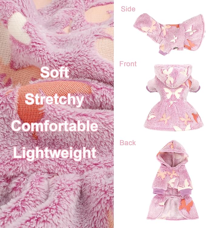 Dog Sweaters for Small Dogs Girl Night Glow Dog Hoodie Warm Fleece Doggie Sweatshirt Cute Puppy Dress Winter Pet Sweaters Doggy Clothes Outfit Apparel for Chihuahua Yorkie, Purple Butterfly,XXS