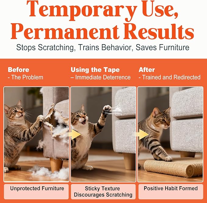 12 Pack Cat Scratch Furniture Protector – Double-Sided Sticky Deterrent Training Tape from Cat Claws, Clear Anti-Scratch Guard for Couch, Sofa, Doors, Easy Apply & Residue-Free, Not for Leather,Velvet