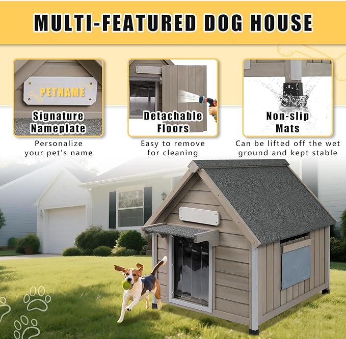 Small Dog House Indoor, Wooden Outdoor Dog House with Waterproof Roof, Chew-Proof Iron Frame, Doghouse Kennel Puppy Shelter for Small Medium Dogs,26" L x 34.6" W x 32" H