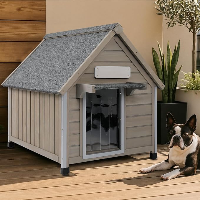 Dog House Outdoor Weatherproof,Wooden DogHouses for Medium Small Dogs, Indoor & Outdoor with Anti-Chewing Iron Frame, Ventilated Window, Easy Assemble, 26" L x 32" W x32 H