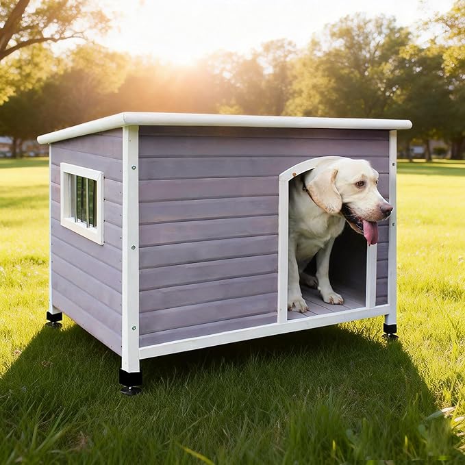 Rockever Waterproof Large Dog Houses Outdoor Indoor, 44" Wooden Elevated Outdoor Dog Houses with Window for Small to Large Sized Dogs, Easy Clean and Assemble