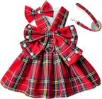 PETCARE Cute Dog Dress Clothes for Small Dogs Cats Girl Female Red Plaid Bow Tie Dog Harness Dresses Leash Set with Pearls Bow Accessories Birthday Puppy Dress Shih Tzu Yorkies Chihuahua Outfits