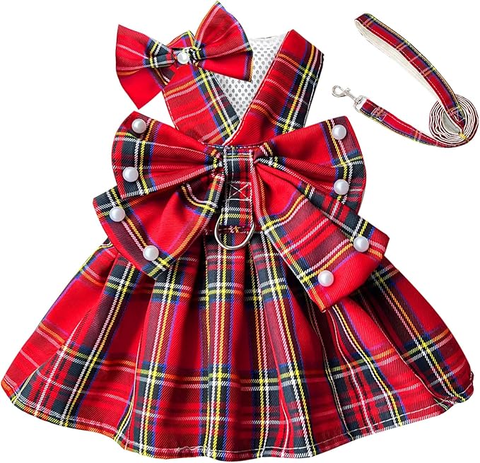 PETCARE Cute Dog Dress Clothes for Small Dogs Cats Girl Female Red Plaid Bow Tie Dog Harness Dresses Leash Set with Pearls Bow Accessories Birthday Puppy Dress Shih Tzu Yorkies Chihuahua Outfits