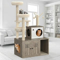 Multi-Level Cat Tree for Indoor Cats, Cat Tower with Hidden Litter Box Cabinet, Condo with Sisal Scratching Posts, Plush Perches, Hammock, and Hanging Toys, Gray