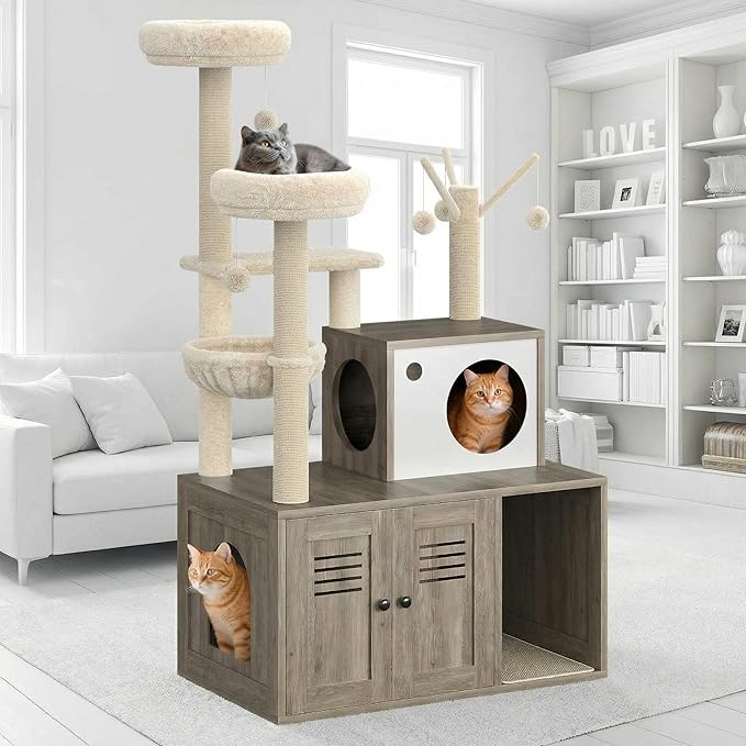 Multi-Level Cat Tree for Indoor Cats, Cat Tower with Hidden Litter Box Cabinet, Condo with Sisal Scratching Posts, Plush Perches, Hammock, and Hanging Toys, Gray