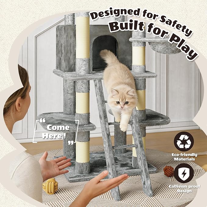 Large 70.87in Cat Tree with 2 Condos, 3 Perches & Hanging Hammock, Cat Tower with Short Plush & No Sharp Edges, Natural Sisal Scratching Areas, Safe & Stable for Multi-Cat Families (Gray, 70.87in)