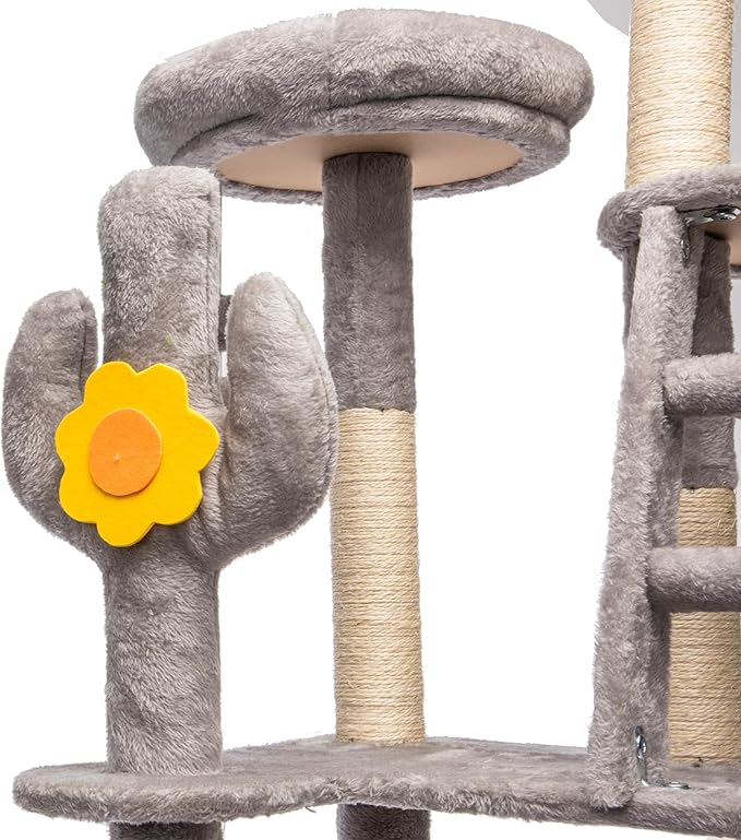 Cat Tree, 72in Indoor Cactus Cat Tree with Transparent Capsule, Sisal Scratching Posts, Plush Perches and Interactive Toys for Kittens and Large Cats, Gray