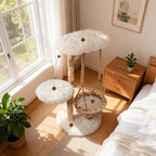 PETSITE 48.5 Inches Wood Cat Tree, Multi-Level White Modern Cat Tree with Hanging Basket, Solid Natural Peer Wood Post Wrapped with Jute Ropes, Soft Long Plush Covered Perches and Base