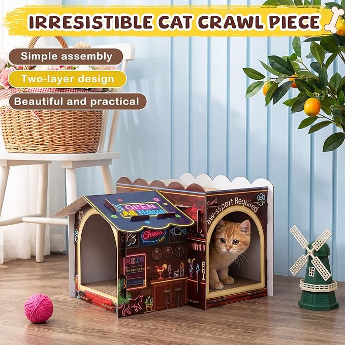 2 Story Cardboard Cat House with Scratcher Pad for Small Kitten,17x12x10 Multi Level Durable Cat Condo & Villa for Bunny Rabbit Small Animals Christmas Birthday Gift(Bar)